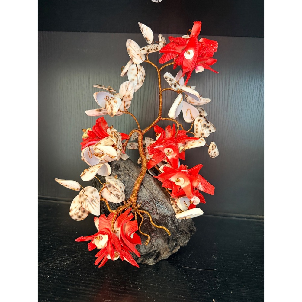 Vintage Handmade Seashell Copper Wire Tree Sculpture Red & White Shells on Base